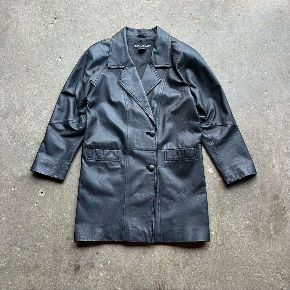 Y2K Black Genuine Leather Longline Blazer Jacket Size Small